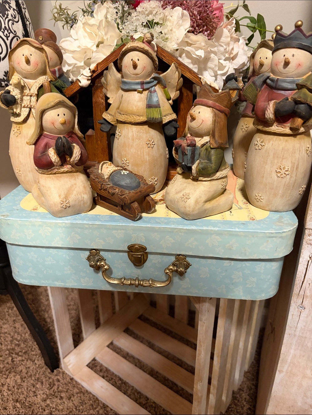 Handcrafted Cream Snowman Nativity Set with Blue Accents - Home Holiday